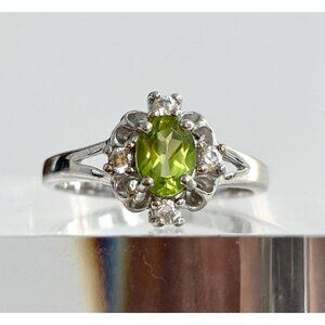 Oval Cut Natural Peridot Split Shank Multi Gemstone Vintage Ring - sz 8